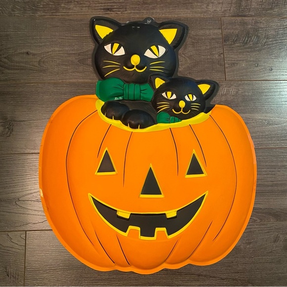 Vintage Halloween Pumpkin with Black Cats Decor plastic large - Picture 3 of 10